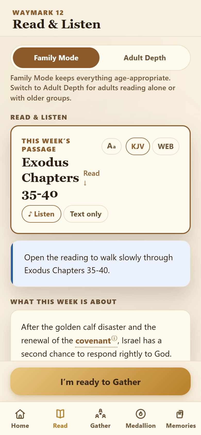 Lampway Read & Listen screen showing this week's passage in KJV with a Listen control