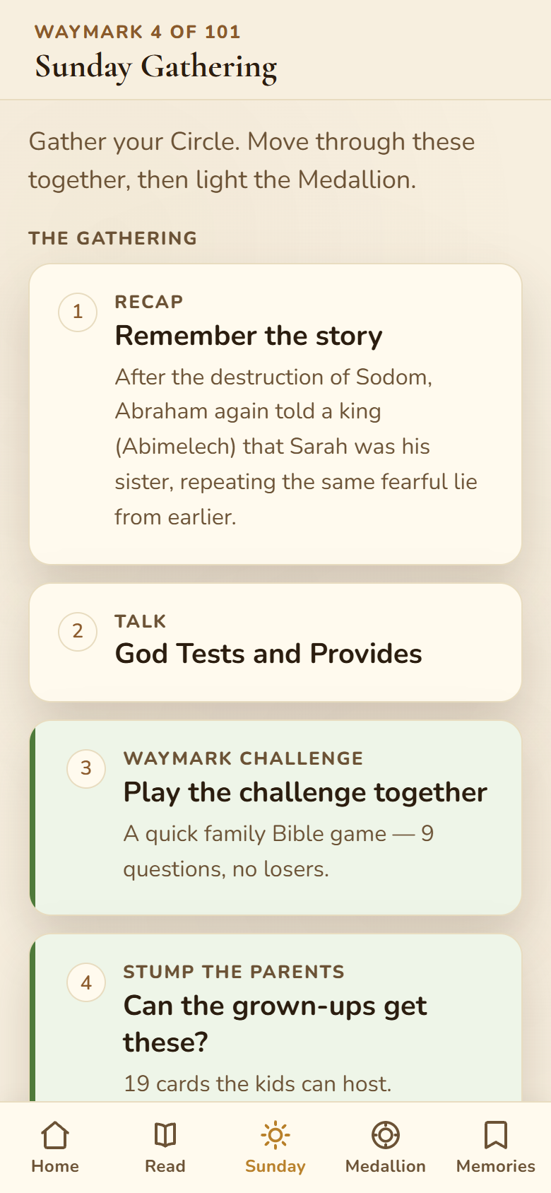The Sunday Gathering screen with the ordered steps